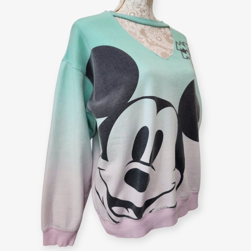 Disney Mickey Mouse Pink/Green Ombré Cutout Pullover Casual Sweatshirt Size XL